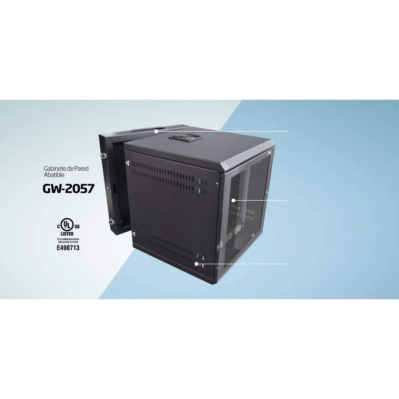 Gabinete de Pared Abatible 9U 19" Quest GW-2057 con Bandeja, Organizador y Tomas